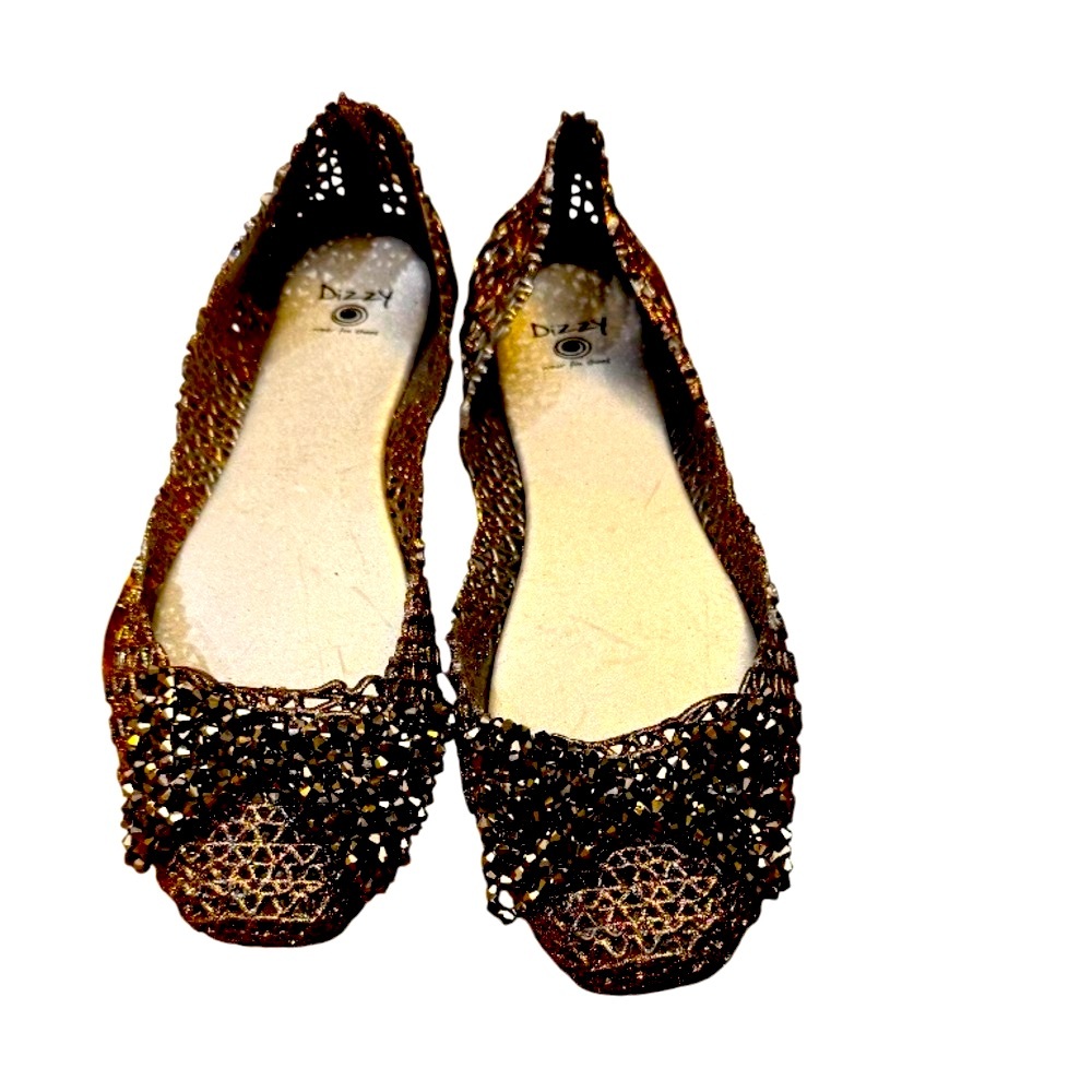 🆕NWT DIZZY bronze cut out JELLY FLATS w/ beaded bow and colorful glitter size 9